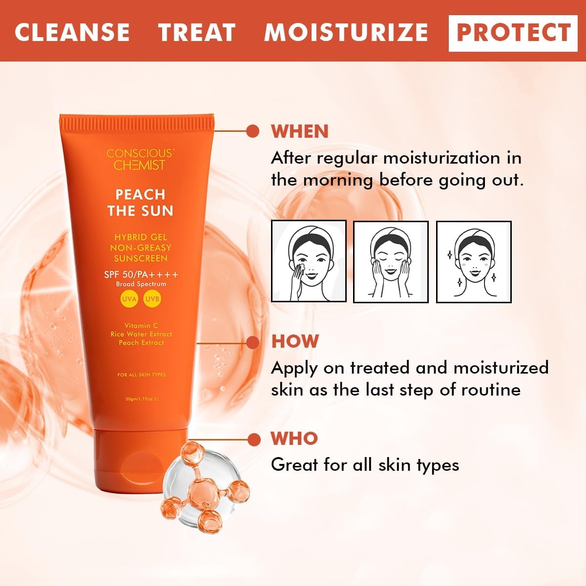 Conscious Chemist Sunscreen SPF 50 PA++++ | 50g | - Peach The Sun