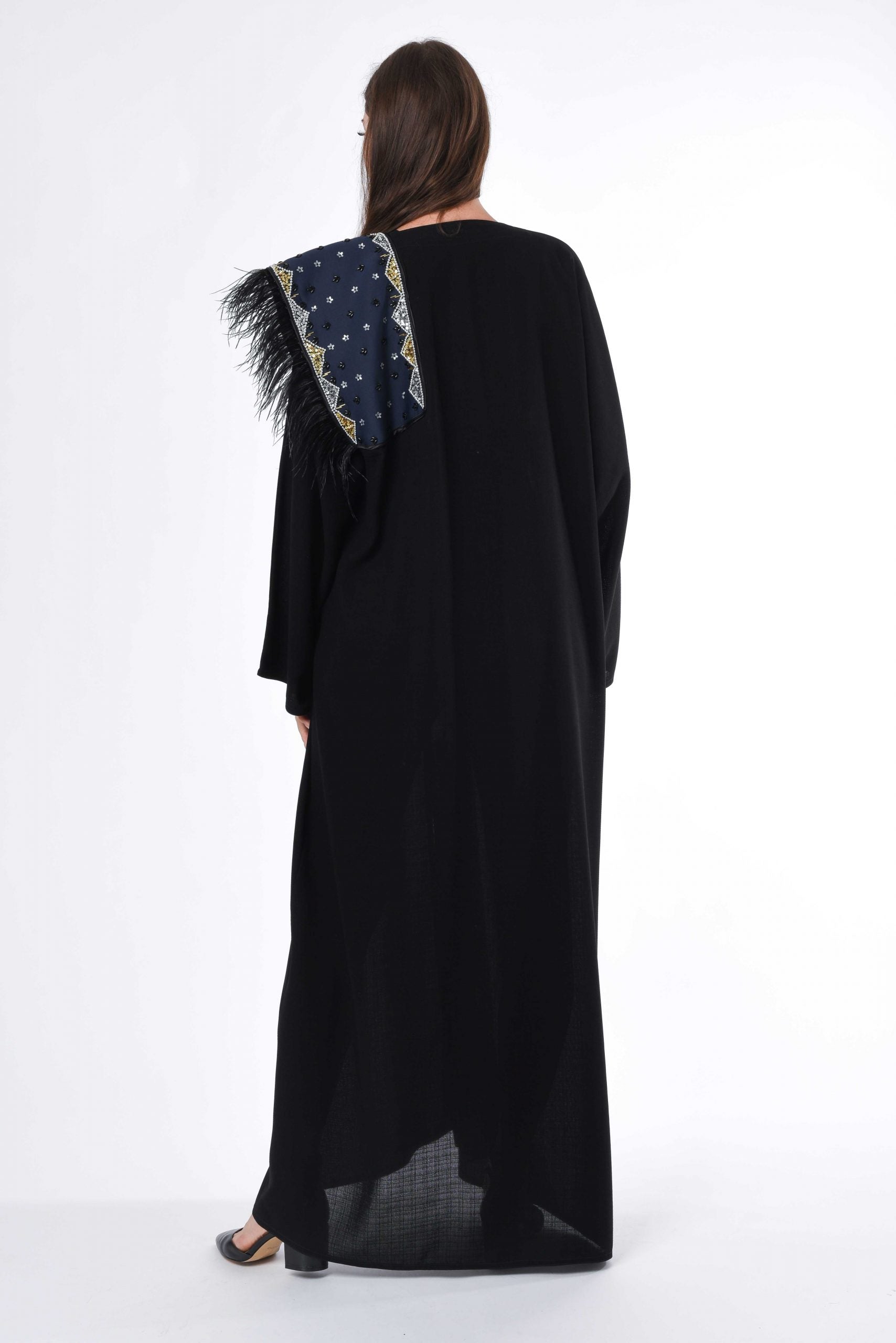 MOiSTREET Black Abaya with Patchwork and Feather Detail