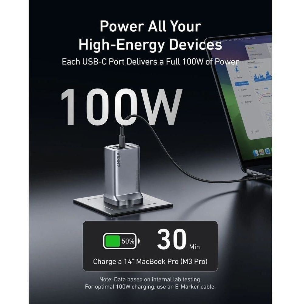 Anker Prime GaN Ultra-Fast Charger 100W, 3-Port (USB-C), Multi-Device Fast Charging, Black