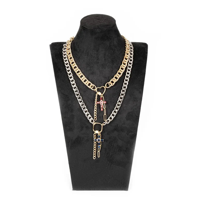 The Dark Mixed Metal Chain Necklace with Cross Charms Gold & Silver Layered Statement