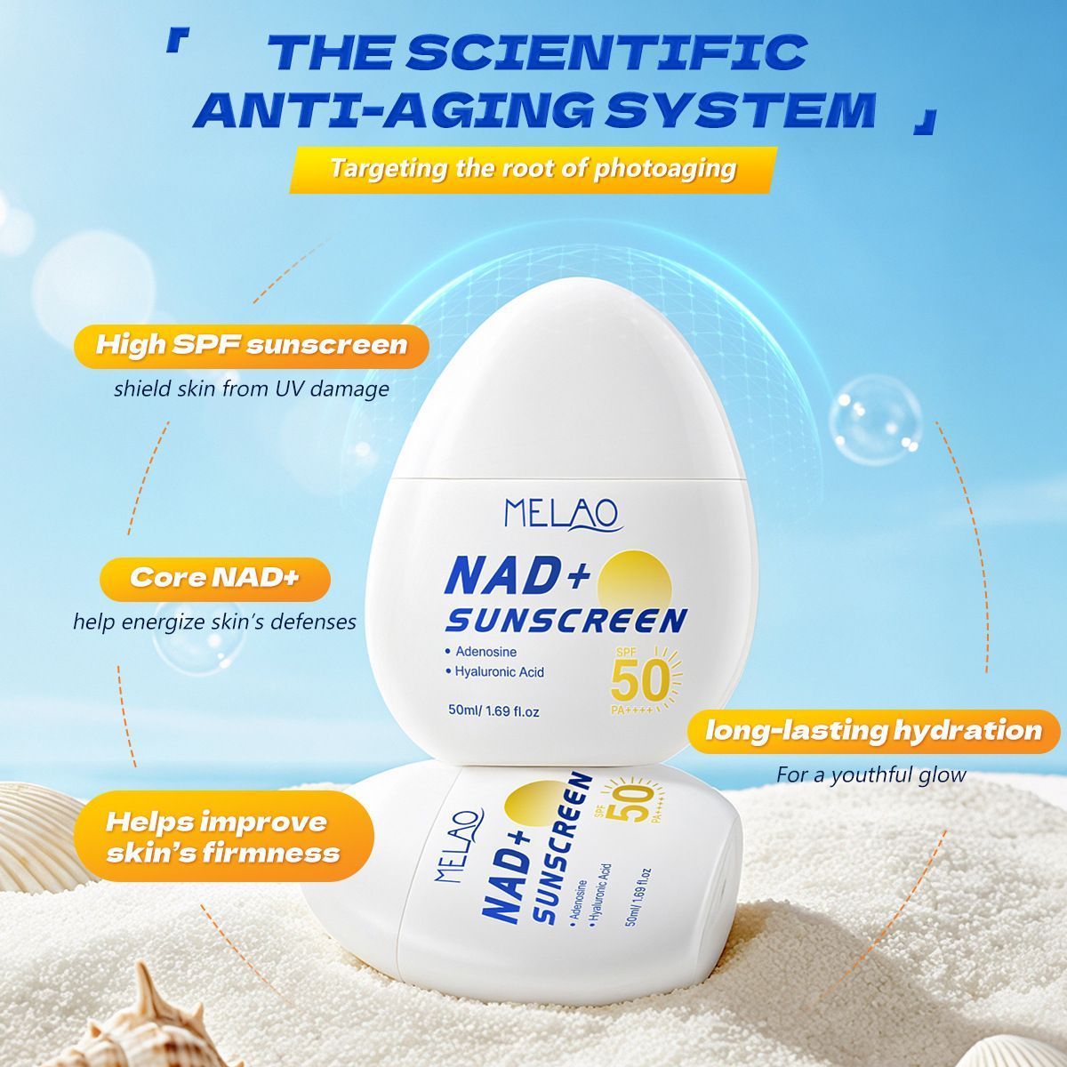 NAD+ SPF50 Daily Body Sunscreen Lotion, Non-Greasy Lightweight Sun Protection Cream 50ml