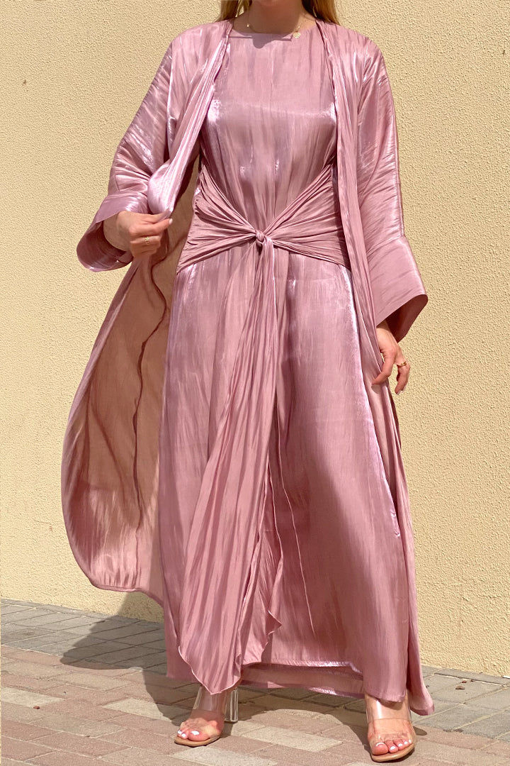 MOiSTREET Rotana Shimmer Lavender Pink Abaya Set Comes With 3 Piece