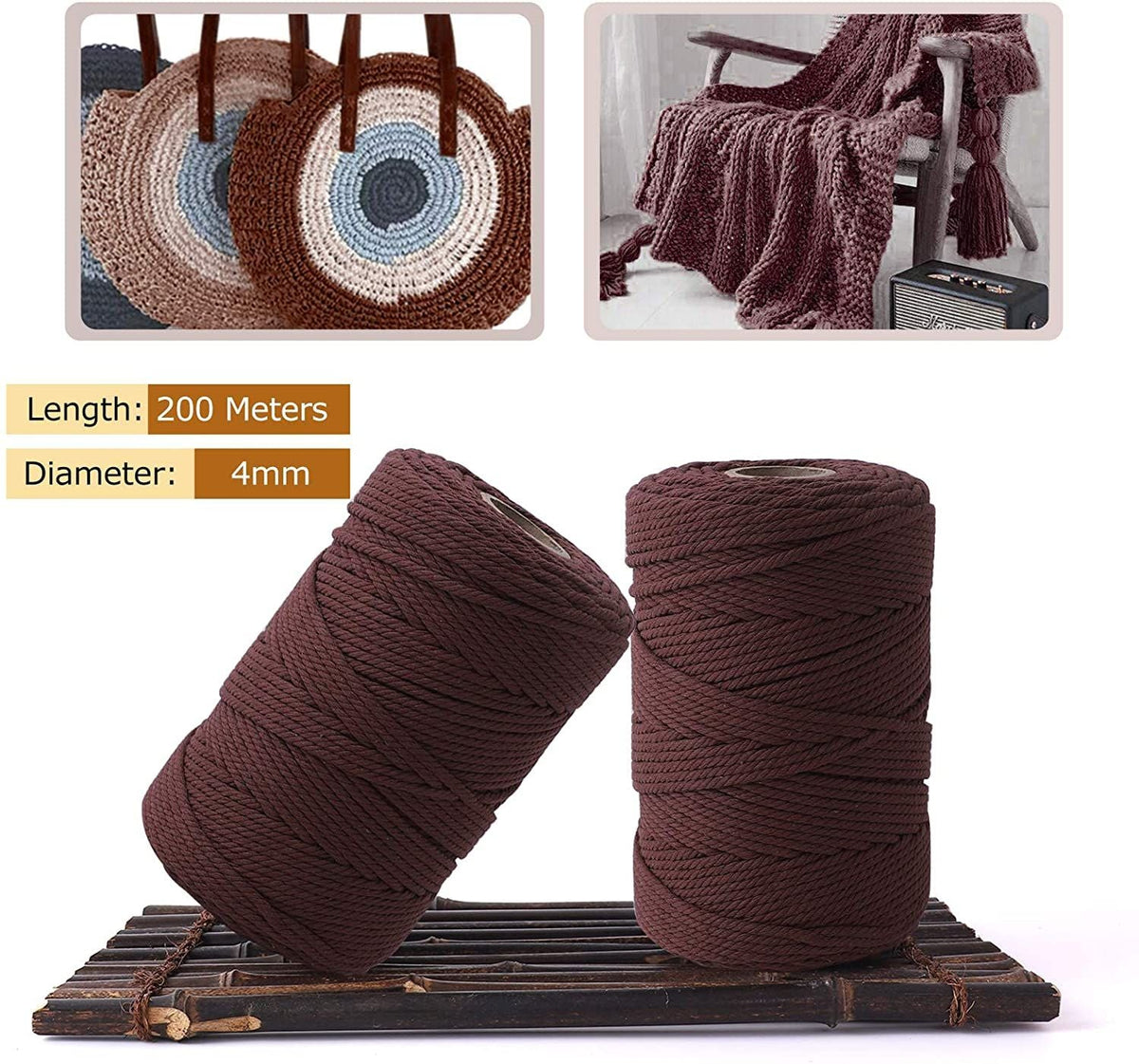 3 x 200 mm Cotton Cone Yarn Macrame Yarn Cotton Rope DIY Art Craft Knitting Tools
