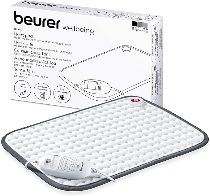 Beurer HK 41 Heat Pad, Super Fluffy Surface, 3 Temperature Levels, Auto Shut-off, Machine Washable, Made in Europe, White/Grey