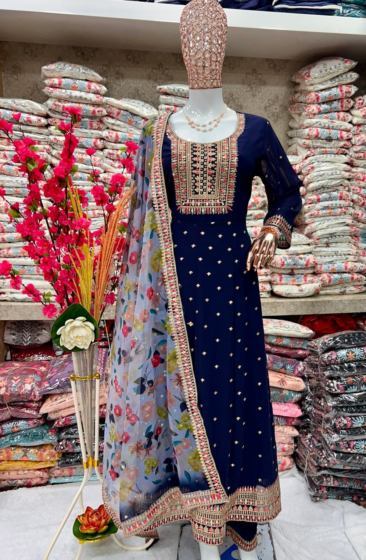 Fab Zone Fox Georgette Embroidered Anarkali Gown with Organza Dupatta Set For Women