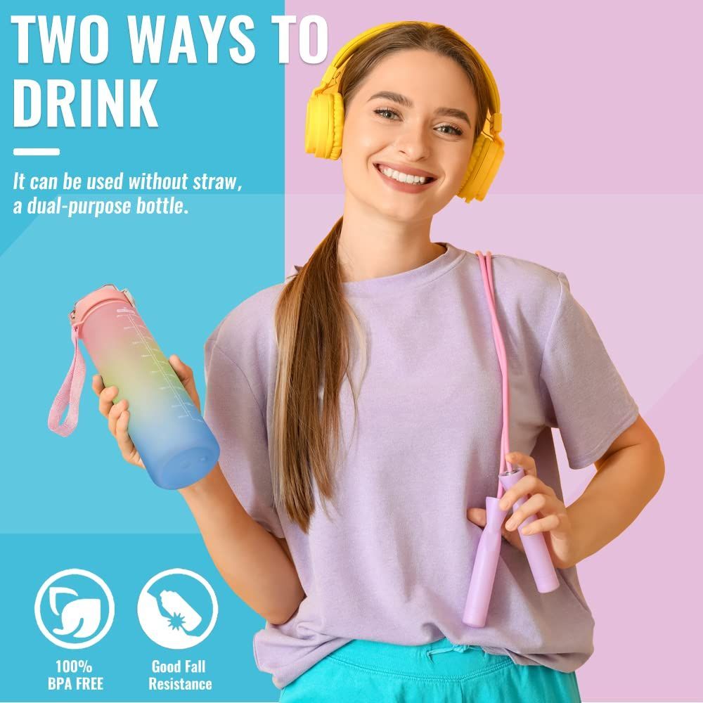 Plastic Water Bottle Leakproof Drink Bottle With Time Marker For Fitness Sports