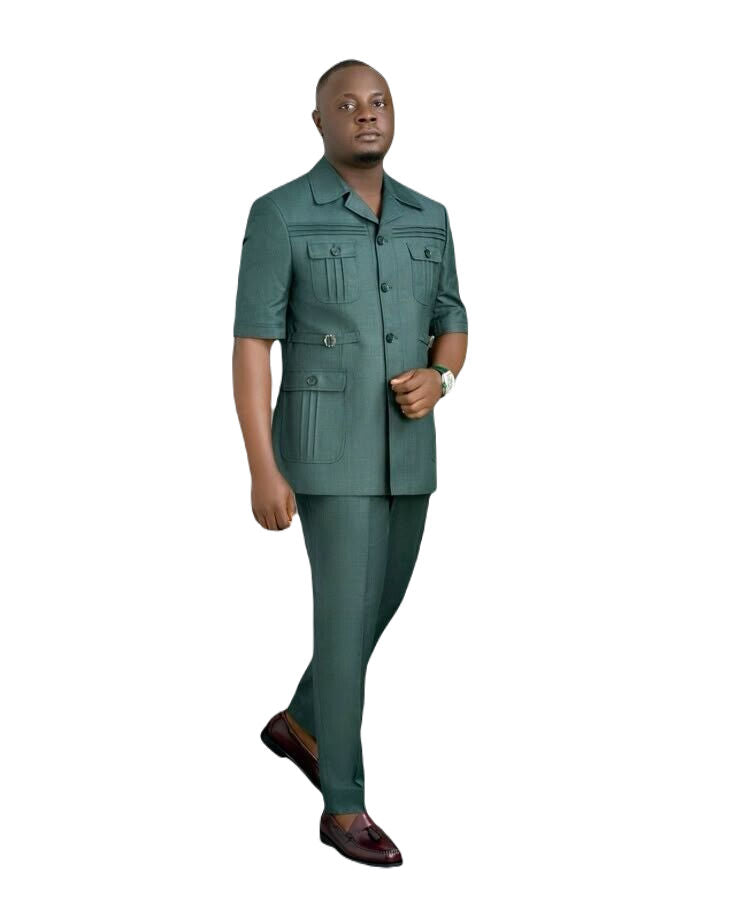 Green Safari Suit for Men Vintage Stylish Coat pant Classic Formal Suit.