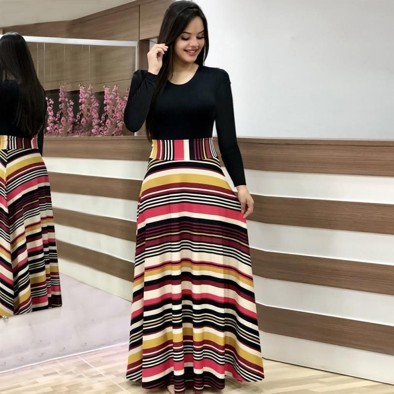 Spring And Summer Women's Floral Print Long-Sleeve Round Neck Long Dress