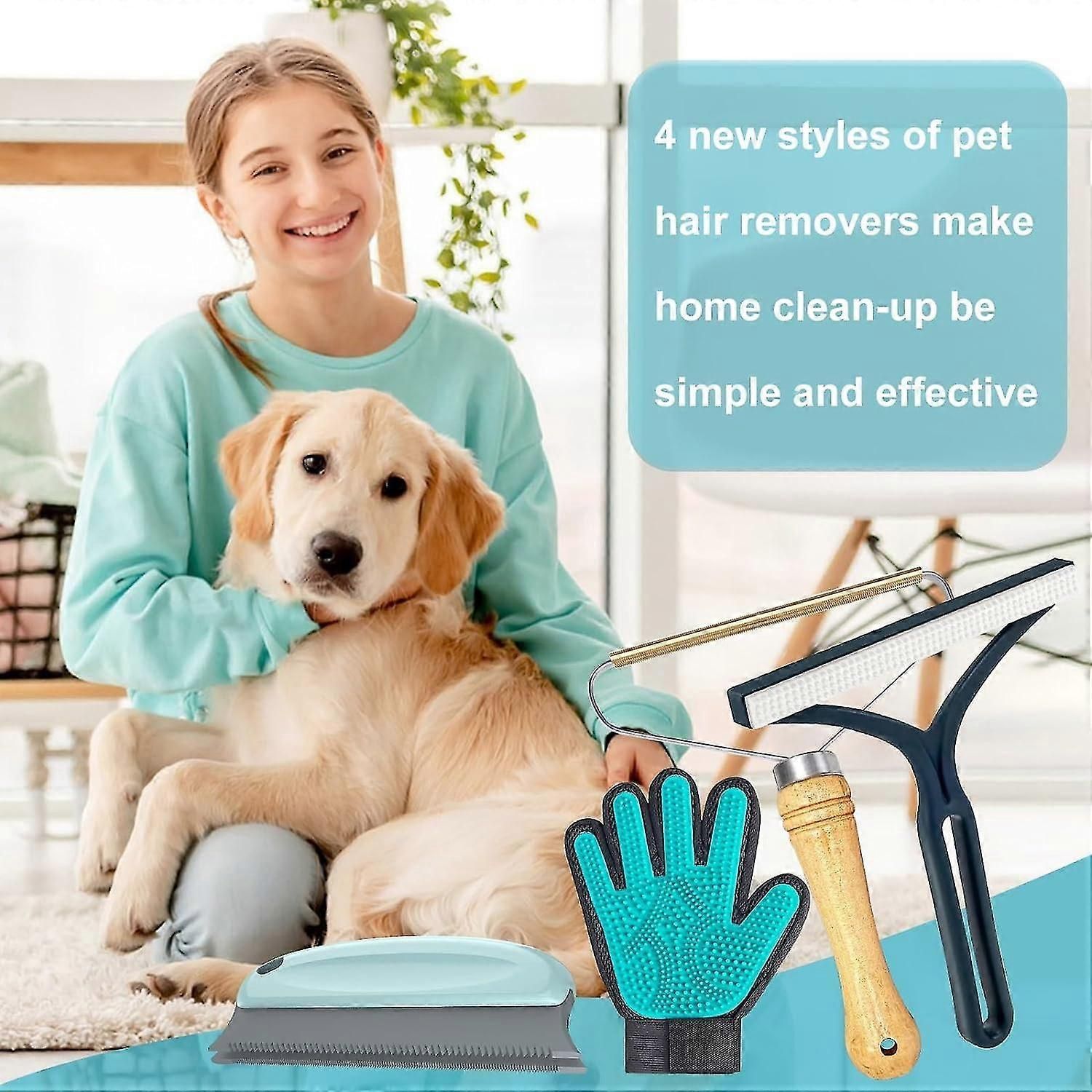 4-Piece Pet Hair Remover Kit with Wood Handle Brush & Silicone Gloves for Furniture Car Upholstery & Clothing