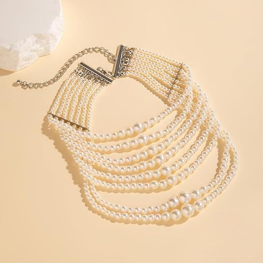 Elegant Multi Strand Imitation Pearl Necklace Bohemian White Beaded Statement Necklace Women Jewelry