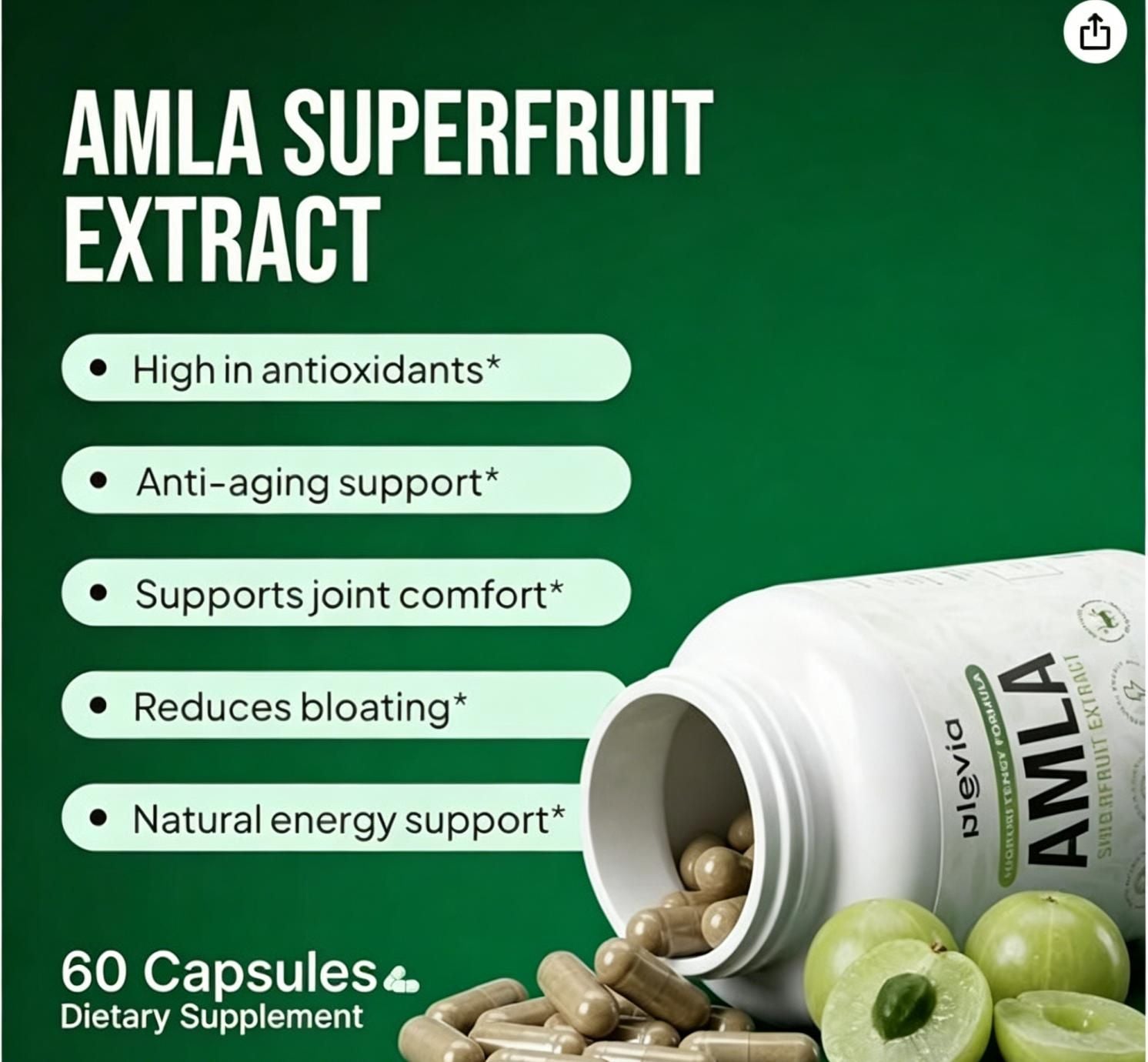 Amla Superfruit Extract Daily Antioxidant Dietary Supplement Capsules, 60 Count