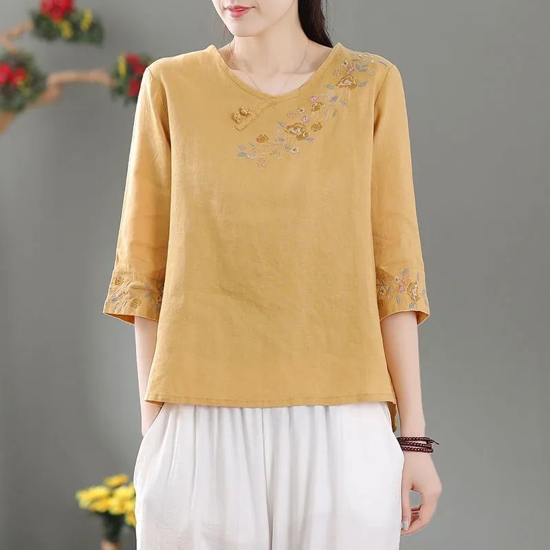 Cotton Linen Embroidered Relaxed Fit Short Sleeve Top For Women
