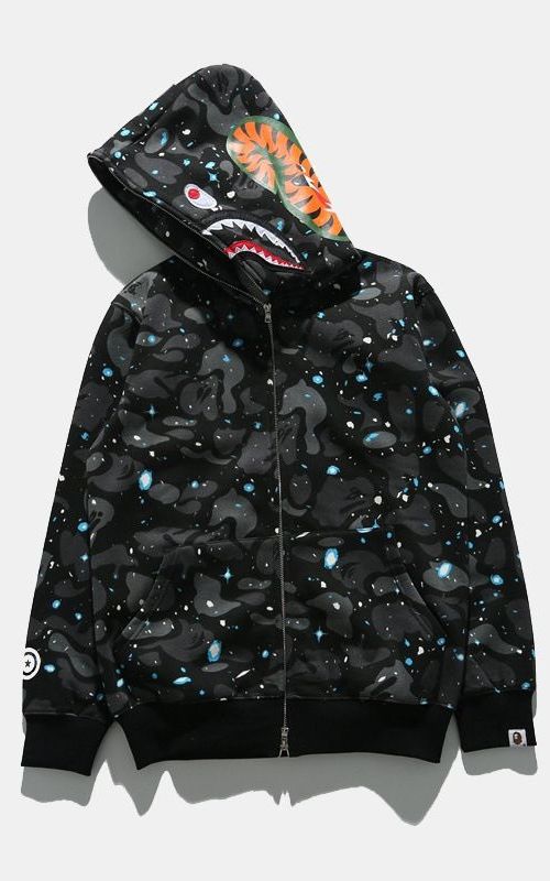 Shark Head Camo Hoodie Men Long Sleeve Zip Up Sweatshirt Hip Hop Casual Thin Coat