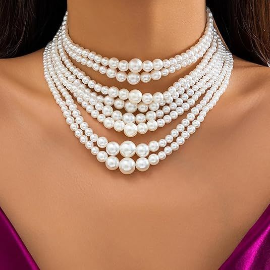 Elegant Multi Strand Imitation Pearl Necklace Bohemian White Beaded Statement Necklace Women Jewelry