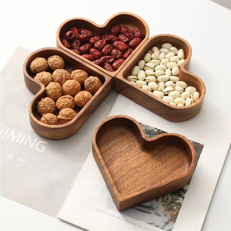 4Pcs Heart Shaped Serving Tray Wood Serving Bowl Stackable Dried Fruit Tray for Wedding Tabletop