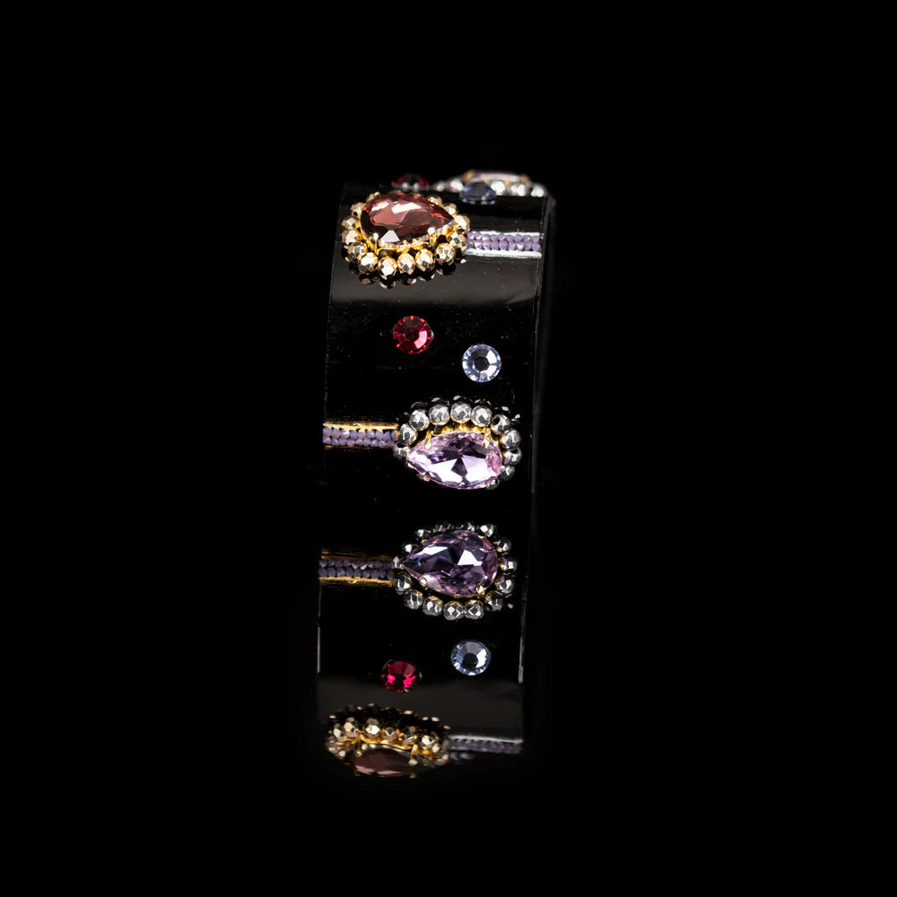 The Dark Black Leather Crystal Cuff Bracelet with Multicolor Stones