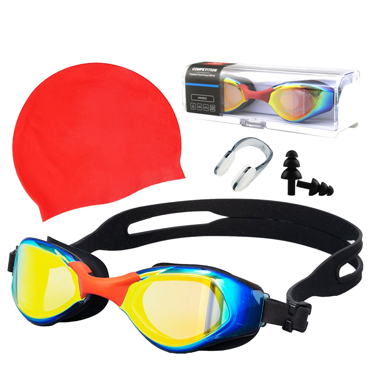 4Pcs Swim Goggles Set Anti Fog Adjustable Goggles Cap Earplug Nose Clip Set