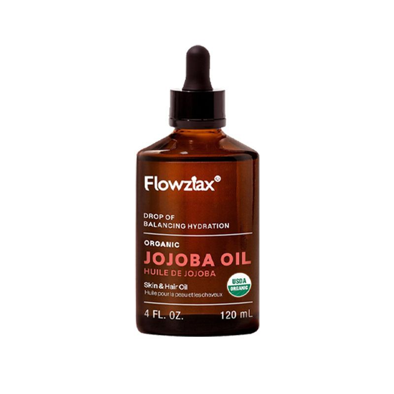 Flowzlax Organic Jojoba Oil 120ml with Box, 100% Pure Natural Cold Pressed Carrier Oil, Moisturizing Massage Oil for Face, Hair, Body, Sensitive Skin Care
