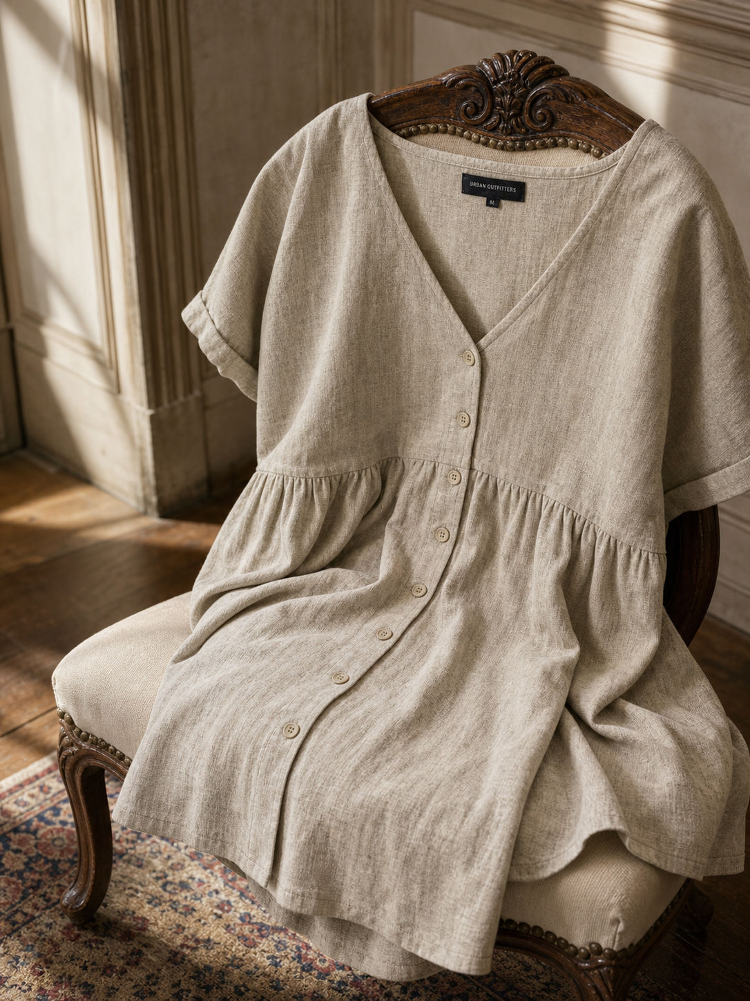 Urban Outfitters Natural Linen Button-Front Babydoll Dress