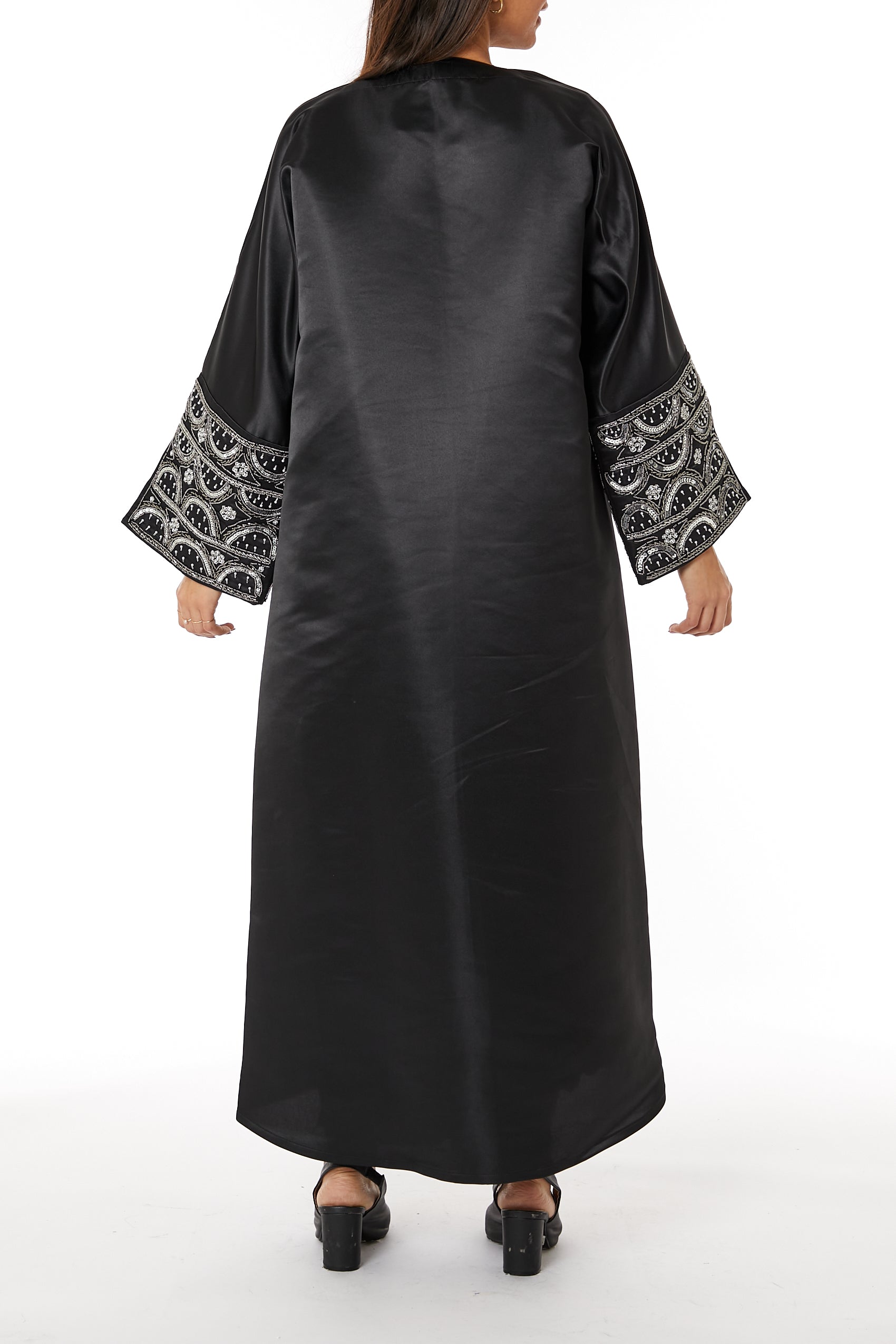 MOiSTREET Black V-Neck Bridal Satin Split Cuffs Abaya