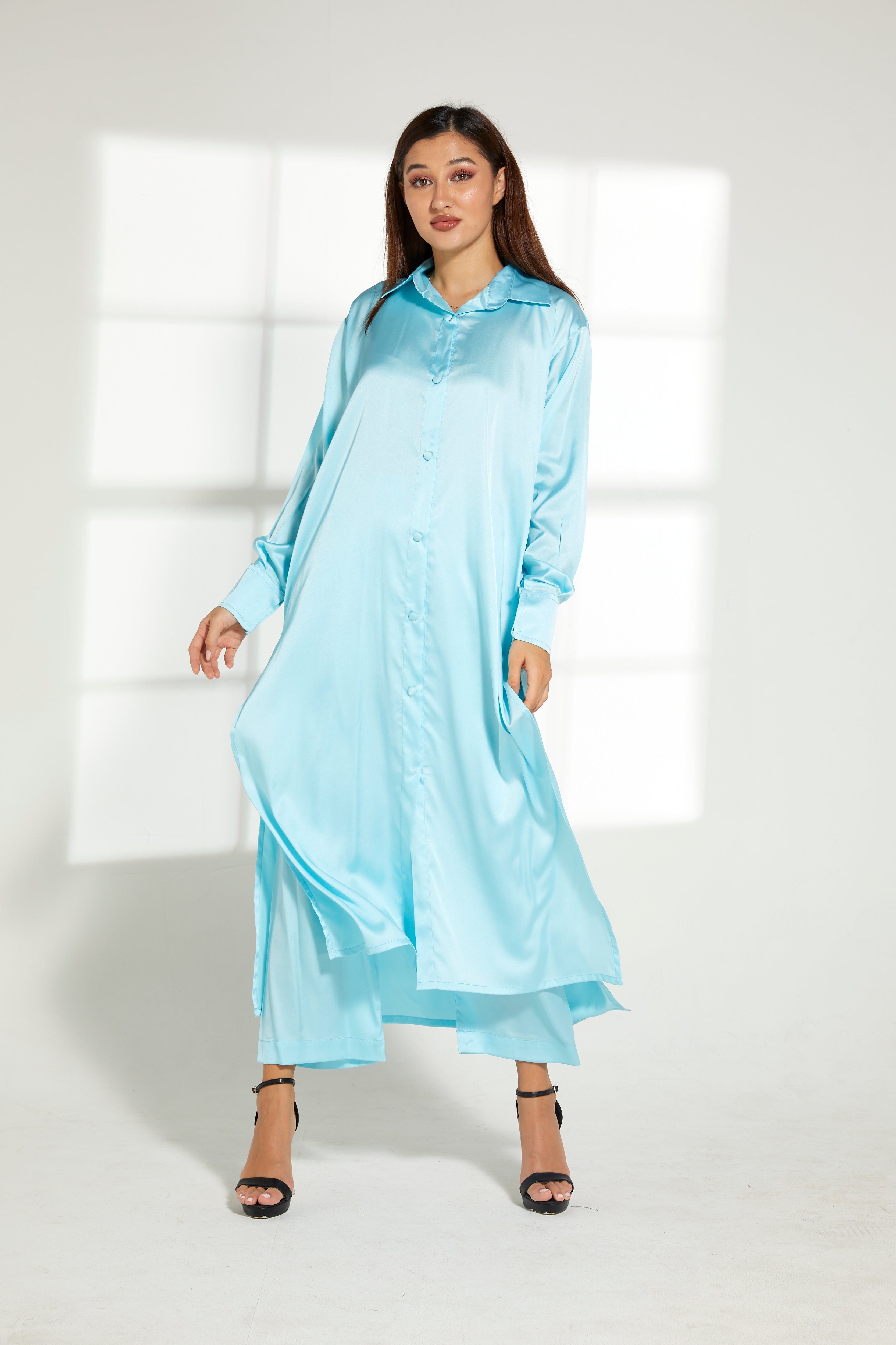 MOiSTREET Turquoise Silk Fabric Top and Pants Set
