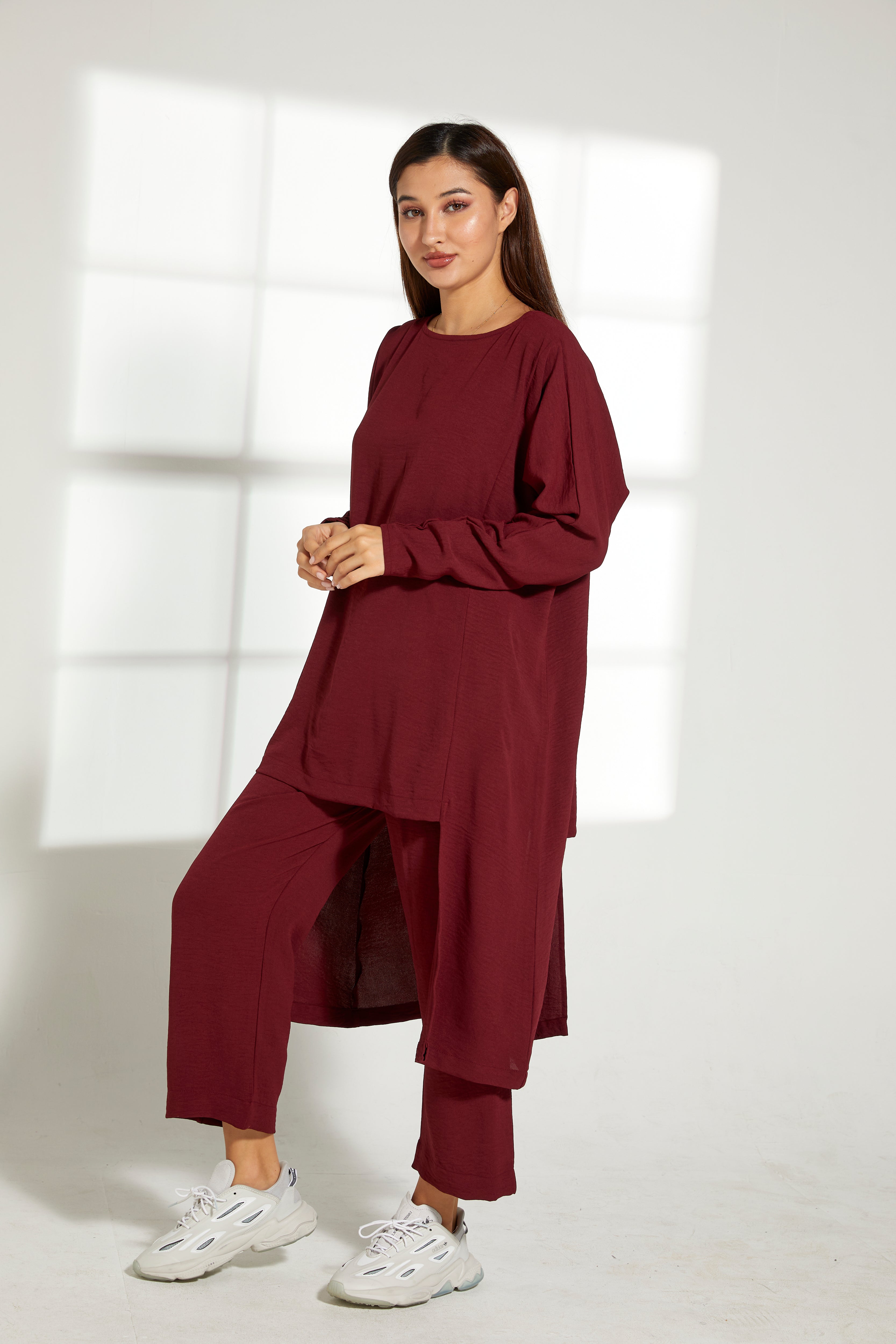 MOiSTREET Maroon CEY Fabric Top And Pants Set