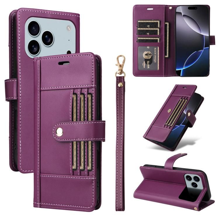 For iPhone 18 Pro Max / iPhone 17 Pro Max Six Card Slots Buckle Leather Phone Case with Lanyard