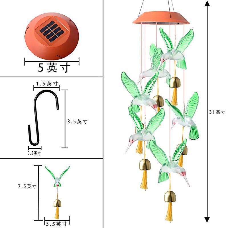Outdoor Hummingbird Solar Wind Chimes Colorful Windbell Lamp Bell For Garden
