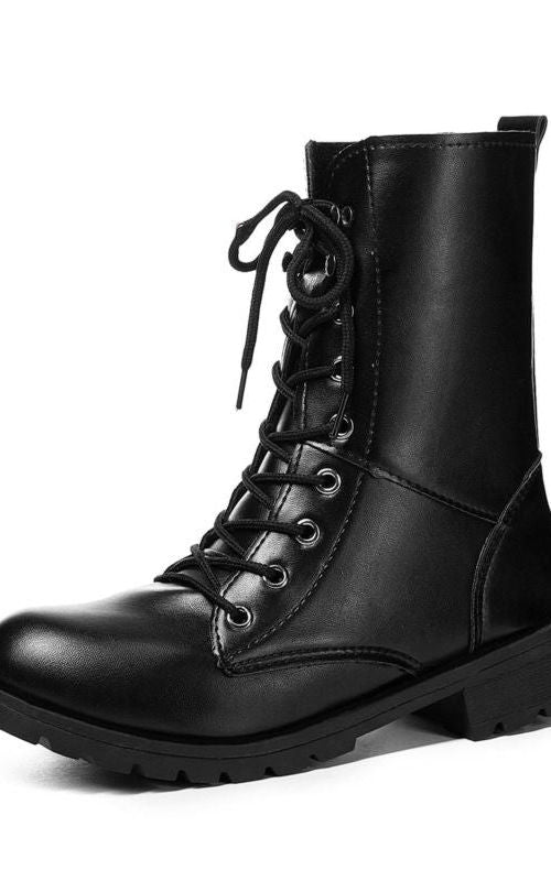 Lace Up Pu Leather Boots Women Block Heel Mid Calf Shoes Gothic Punk Low Heel Ankle Boots