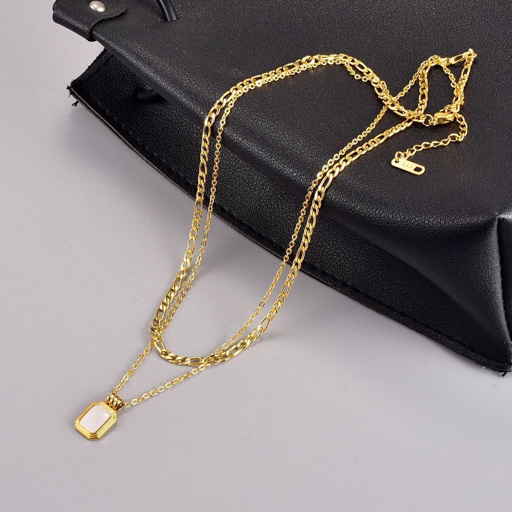 Women Layered Choker Necklace Chain Jewelry With Square Pendant