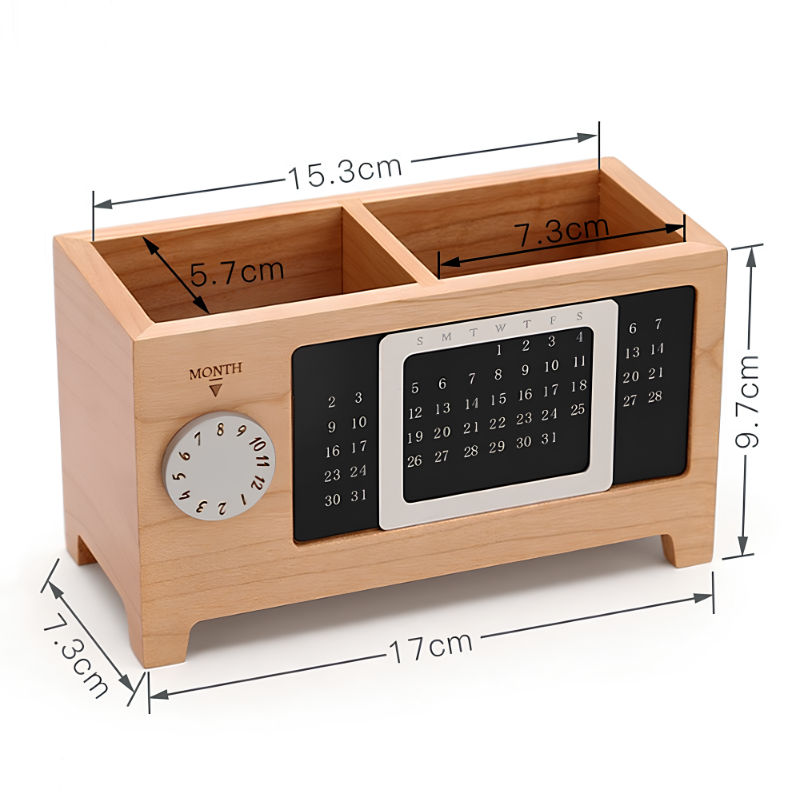 Solid Wood Calendar Pen Holder Multifunction Desktop Office Organizer Storage Bucket