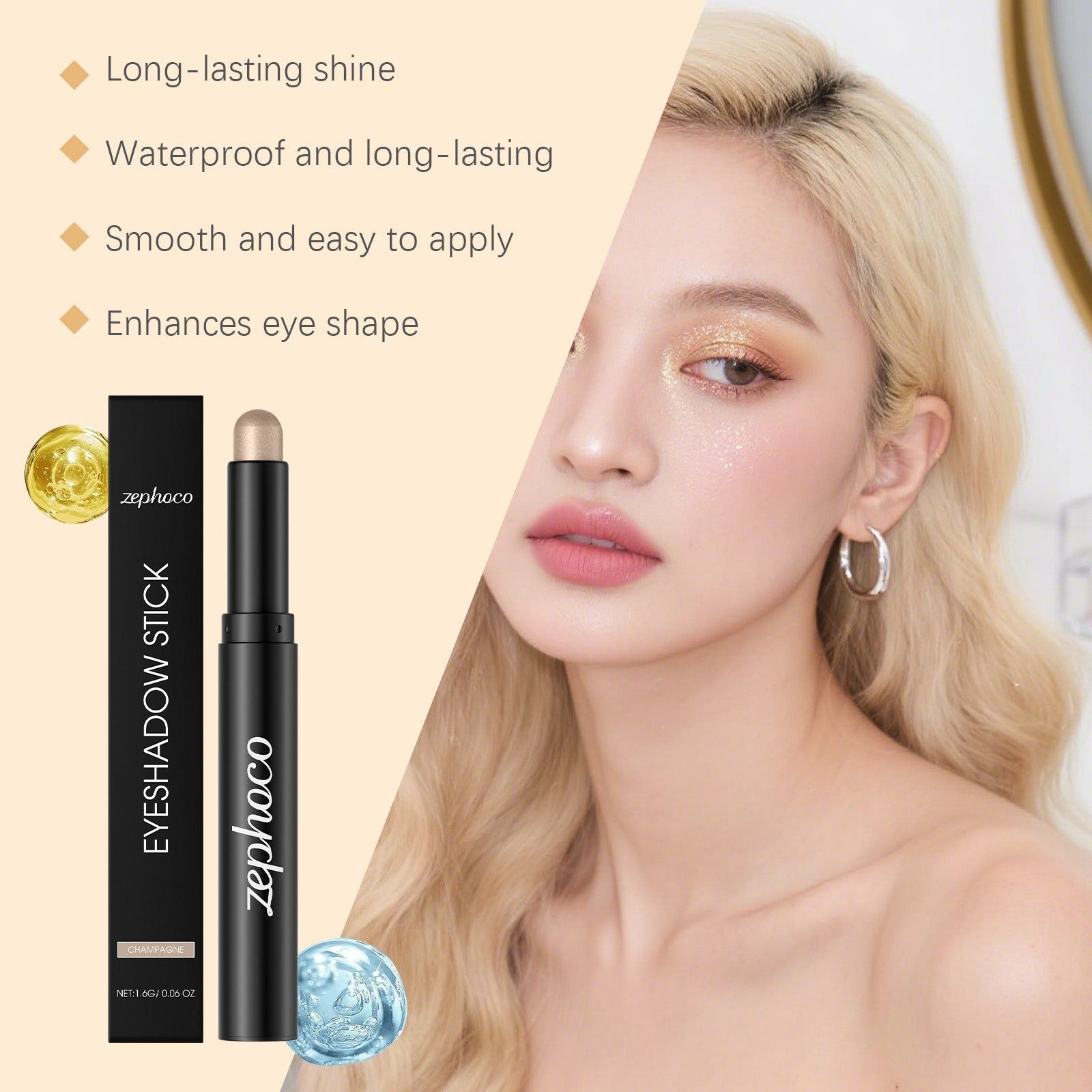 Champagne Eyeshadow Stick, Long-lasting Eye Makeup, Easy to Apply, Shiny and Smooth ,1.6g