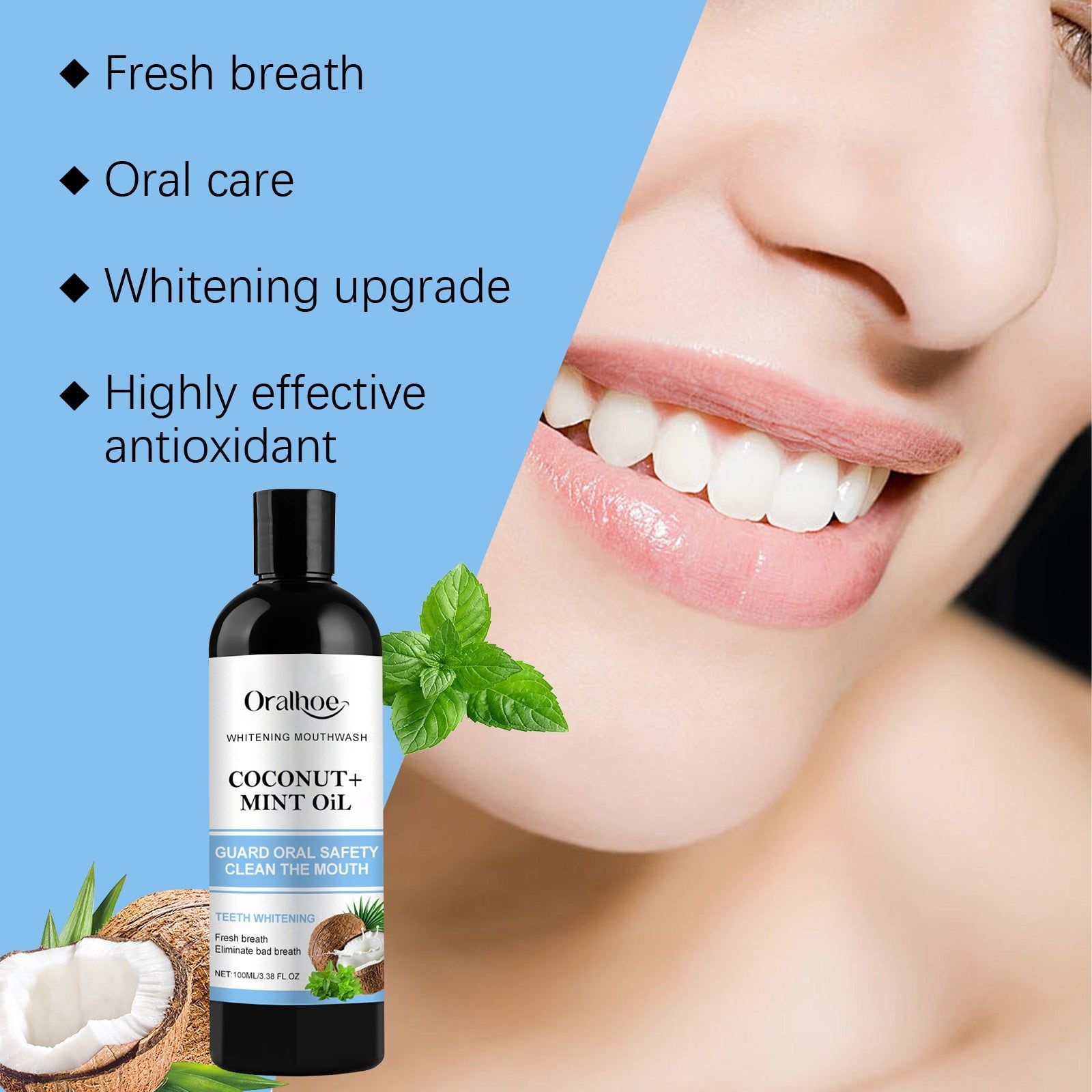 Coconut Mint Teeth Whitening Oil, Fresh Breath, Stain Removal, Oral Care, Natural, Anti-Aging ,1set