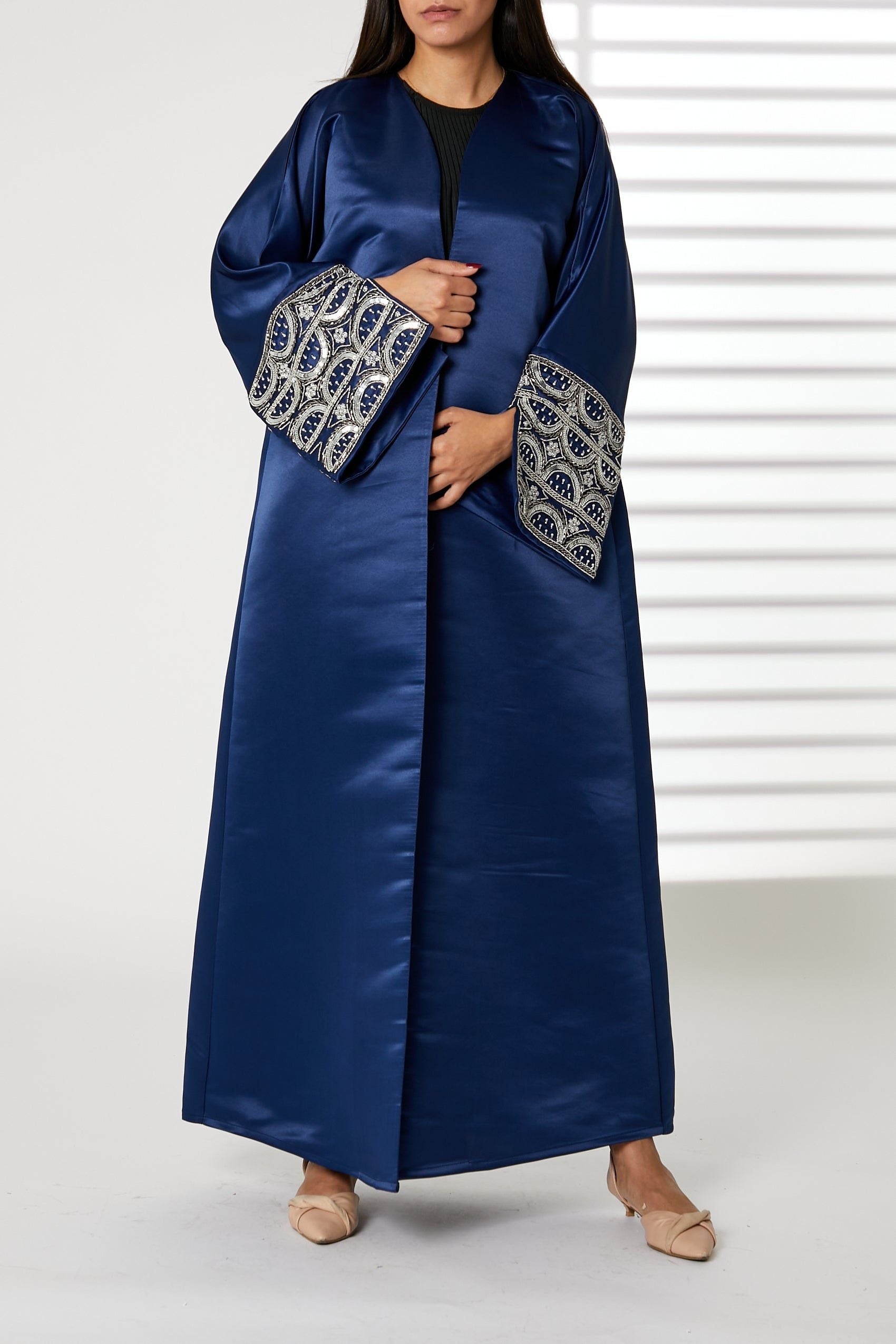 MOiSTREET Navy V-Neck Bridal Satin Split Cuffs Abaya