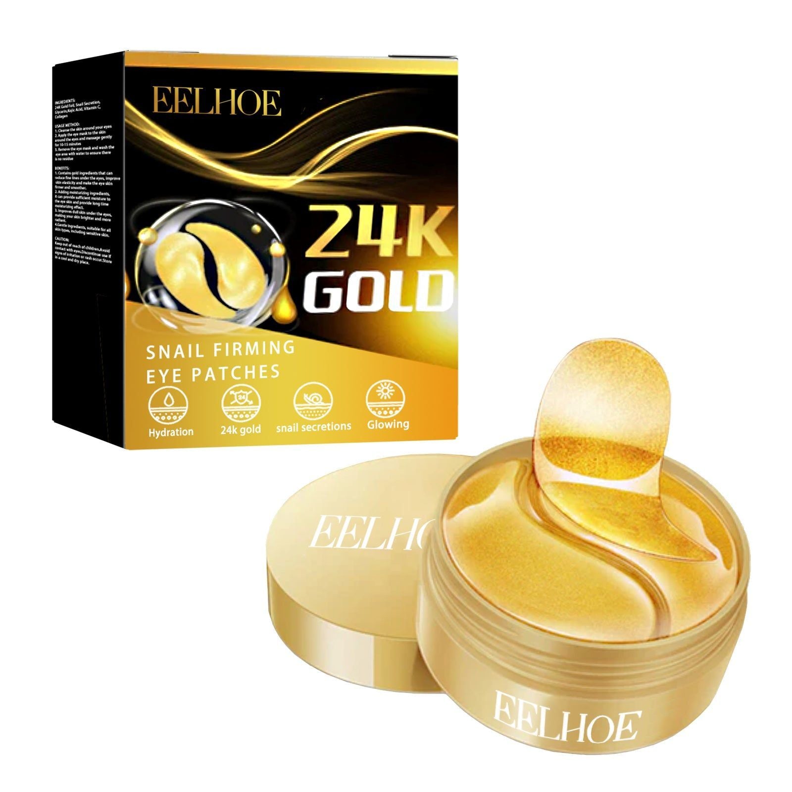 24K Gold Snail Eye Patches, Lift and Tighten Skin, Reduce Wrinkles, Brighten Eyes ,60pcs