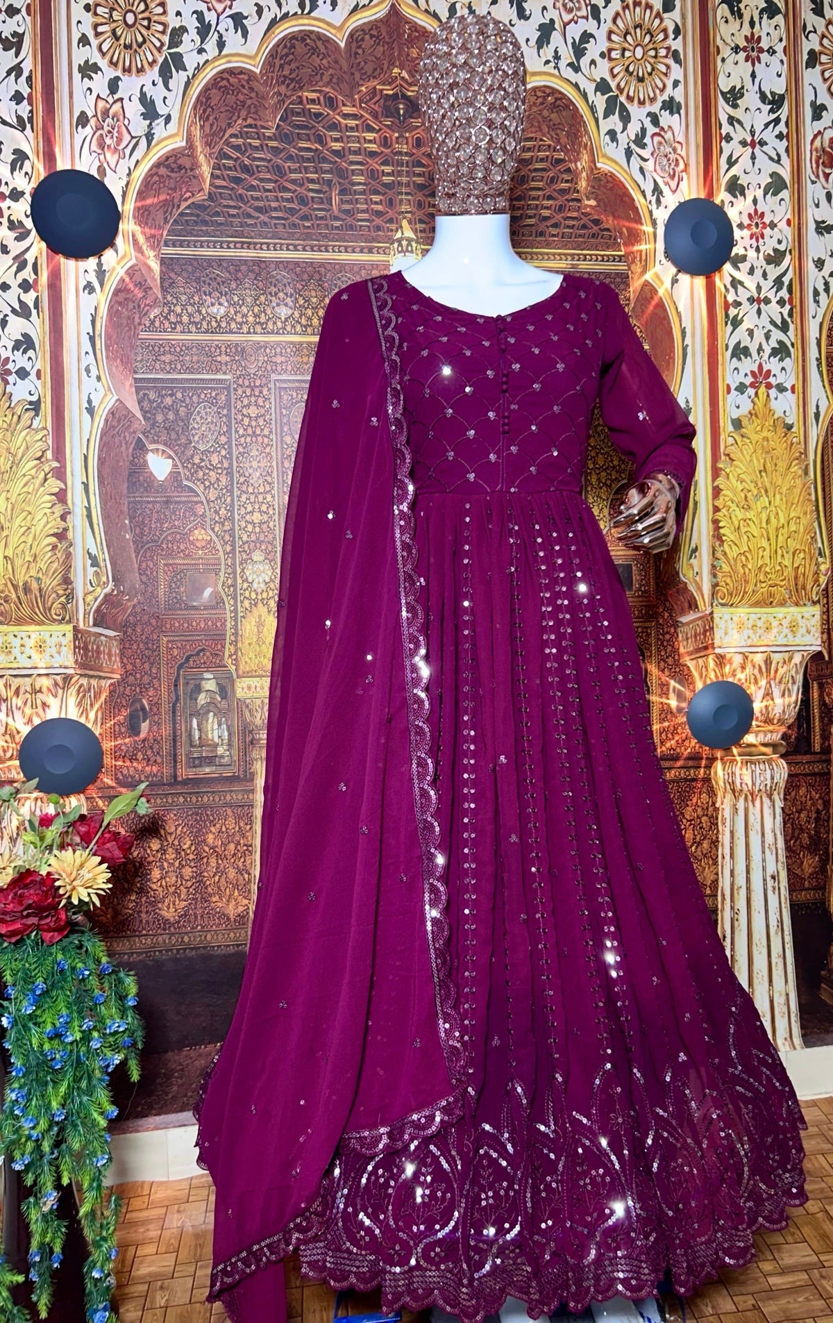 Fab Zone Fox Georgette Anarkali Gown with Silver Sequin Embroidery and Dupatta For Women