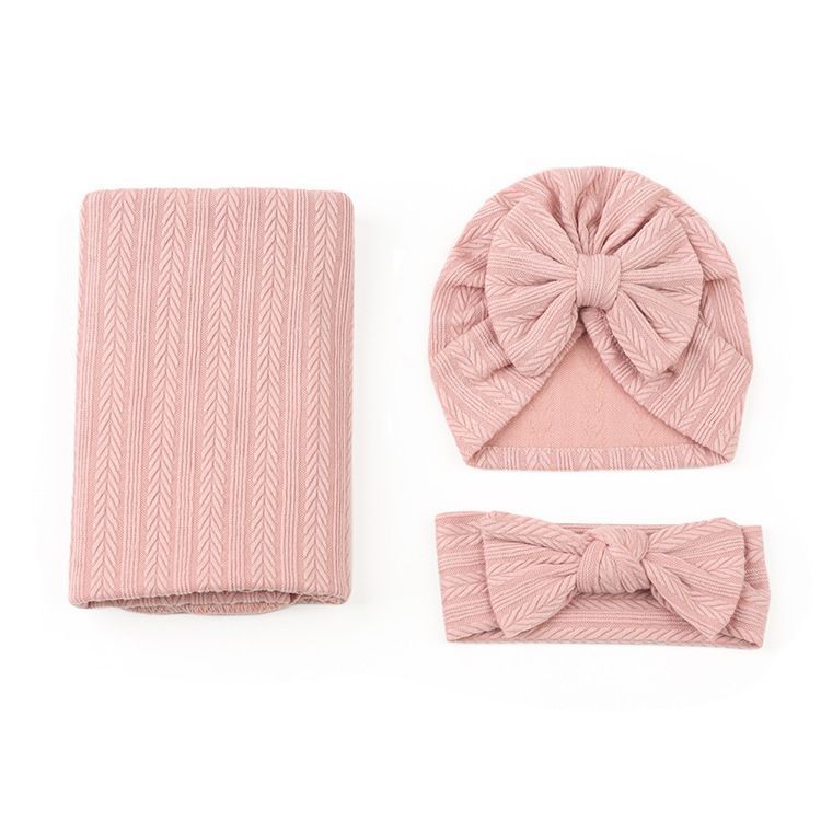 3pcs Newborn Baby Wrap Blanket Headbandand Hat Bowknot Receiving Blankets