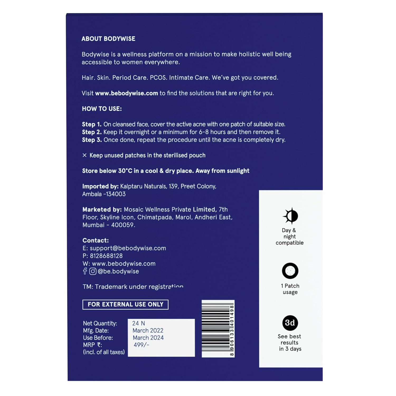 Bodywise Be Bodywise Acne Pimple Patch For Women (24 Dots | 3 Sizes) For All Skin Type