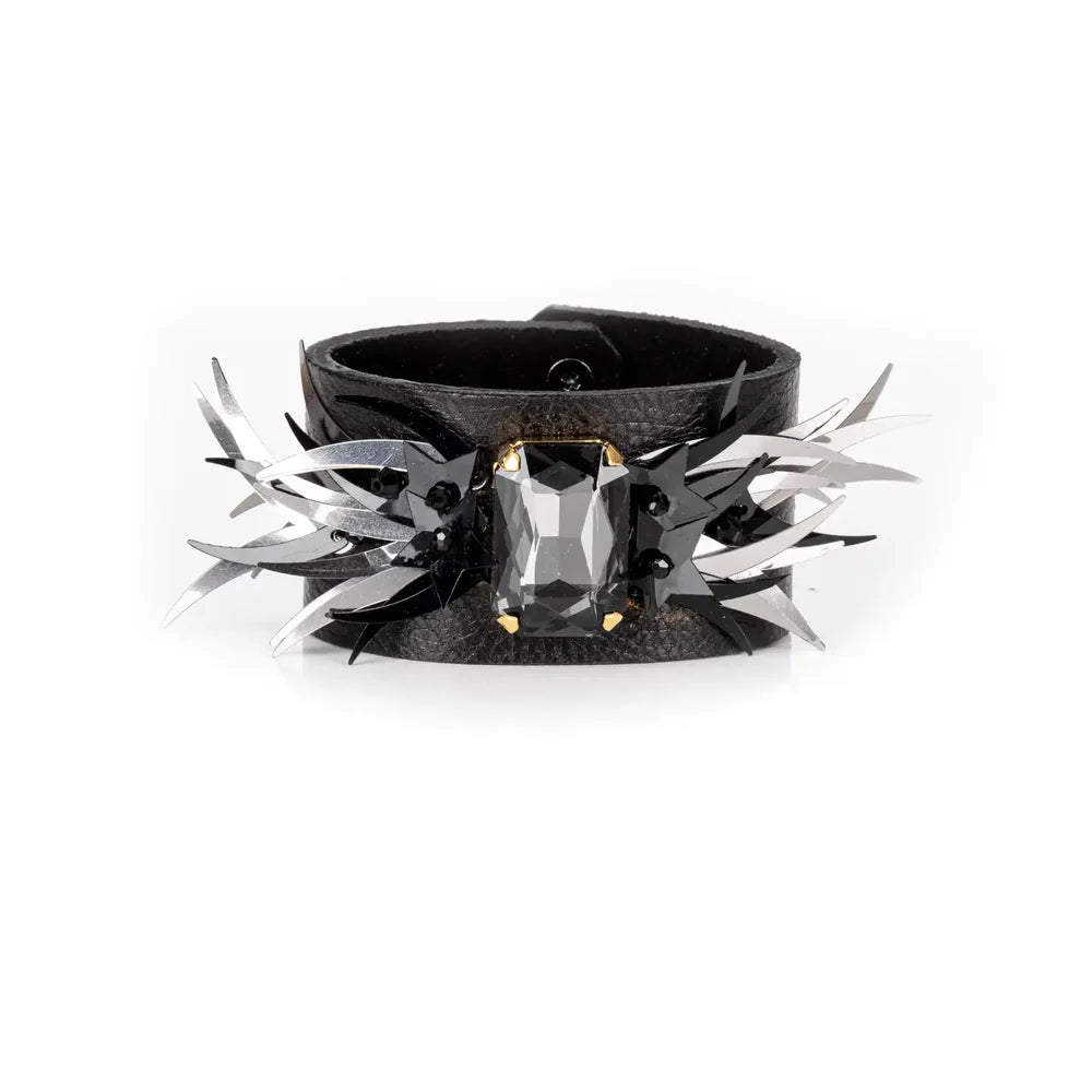 The Dark Black Leather Cuff with Faceted Crystal and Sculptural Metal