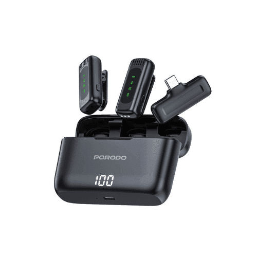 PORODO - ميكروفون مزدوج مع حقيبة شحن - أسود