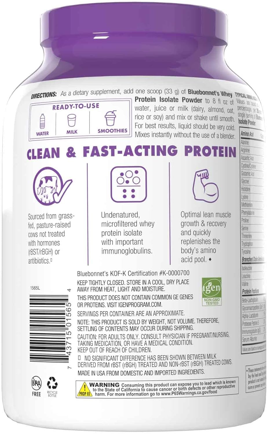 Bluebonnet Nutrition Blue Bonnet Whey Protein Isolate Dietary Supplement Powder, Orginal 2.2LB