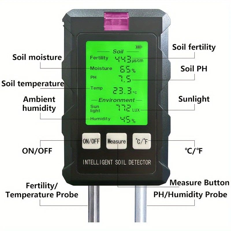 Plant Moisture Tester 6 in 1 Soil pH Tester Digital Plant Monitoring Device with LCD Display
