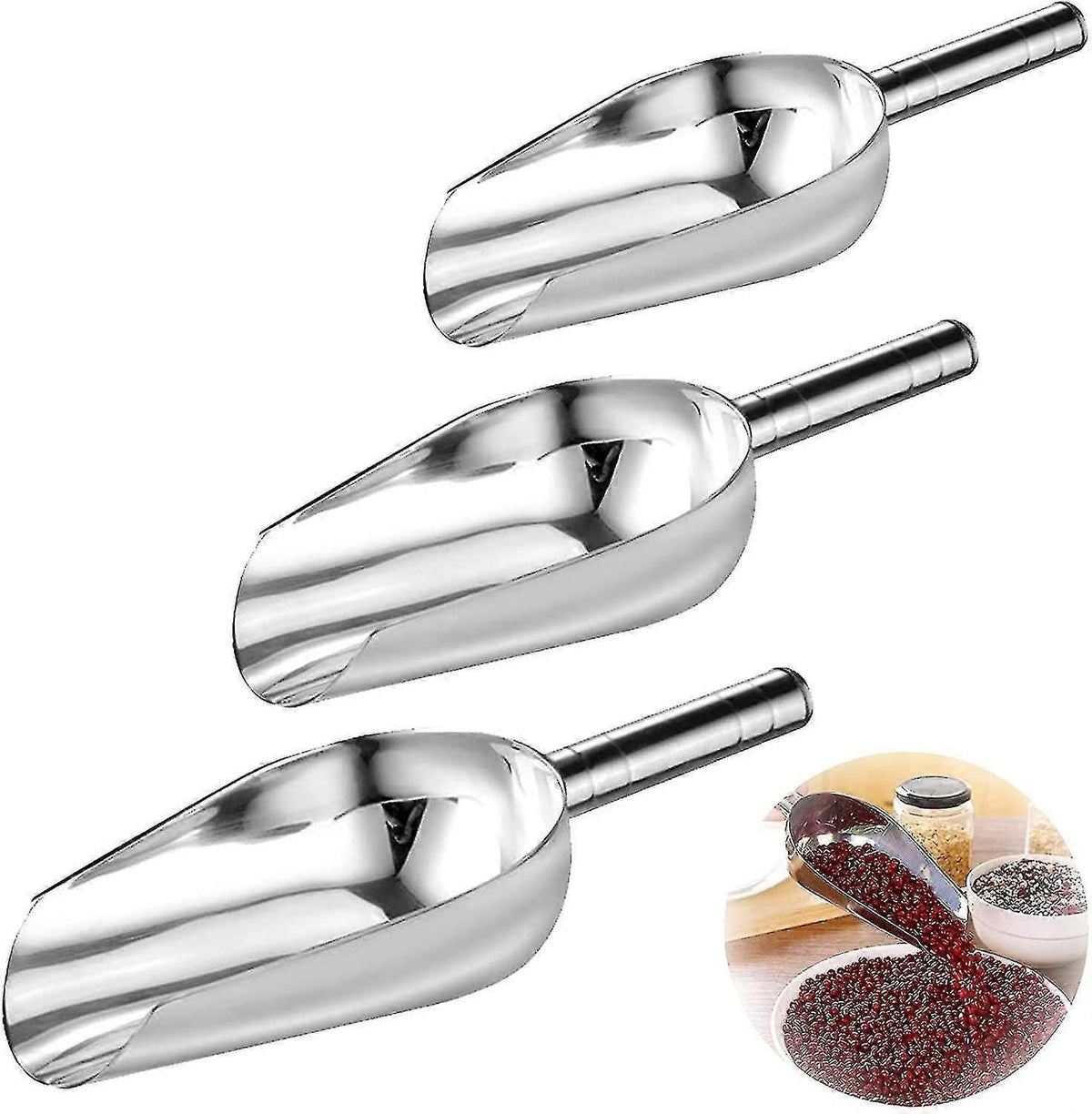 3-Pack Stainless Steel Nesting Ice Scoops - Thickened Flour/Food Scoop Set for Kitchen, Buffet & Bar Serving Tools