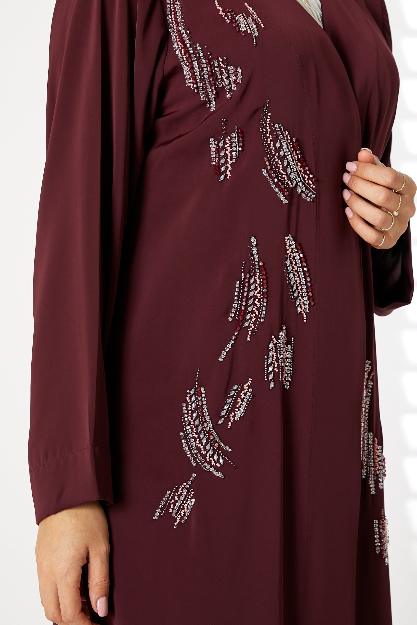 MOiSTREET Maroon Nida Embroidered Open Abaya