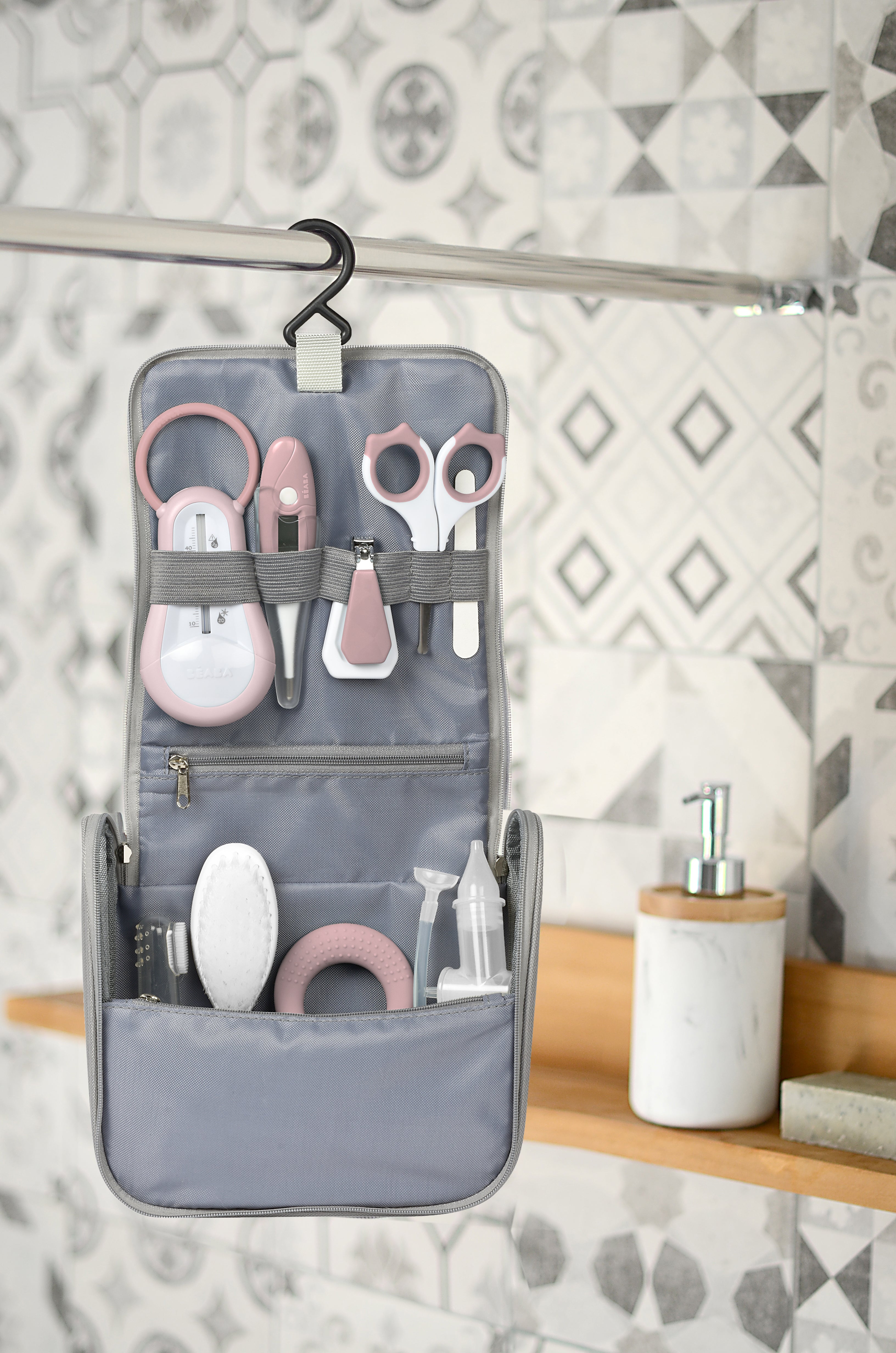 Beaba-Hanging Toiletry Pouch with 9 Accessories-Old Pink