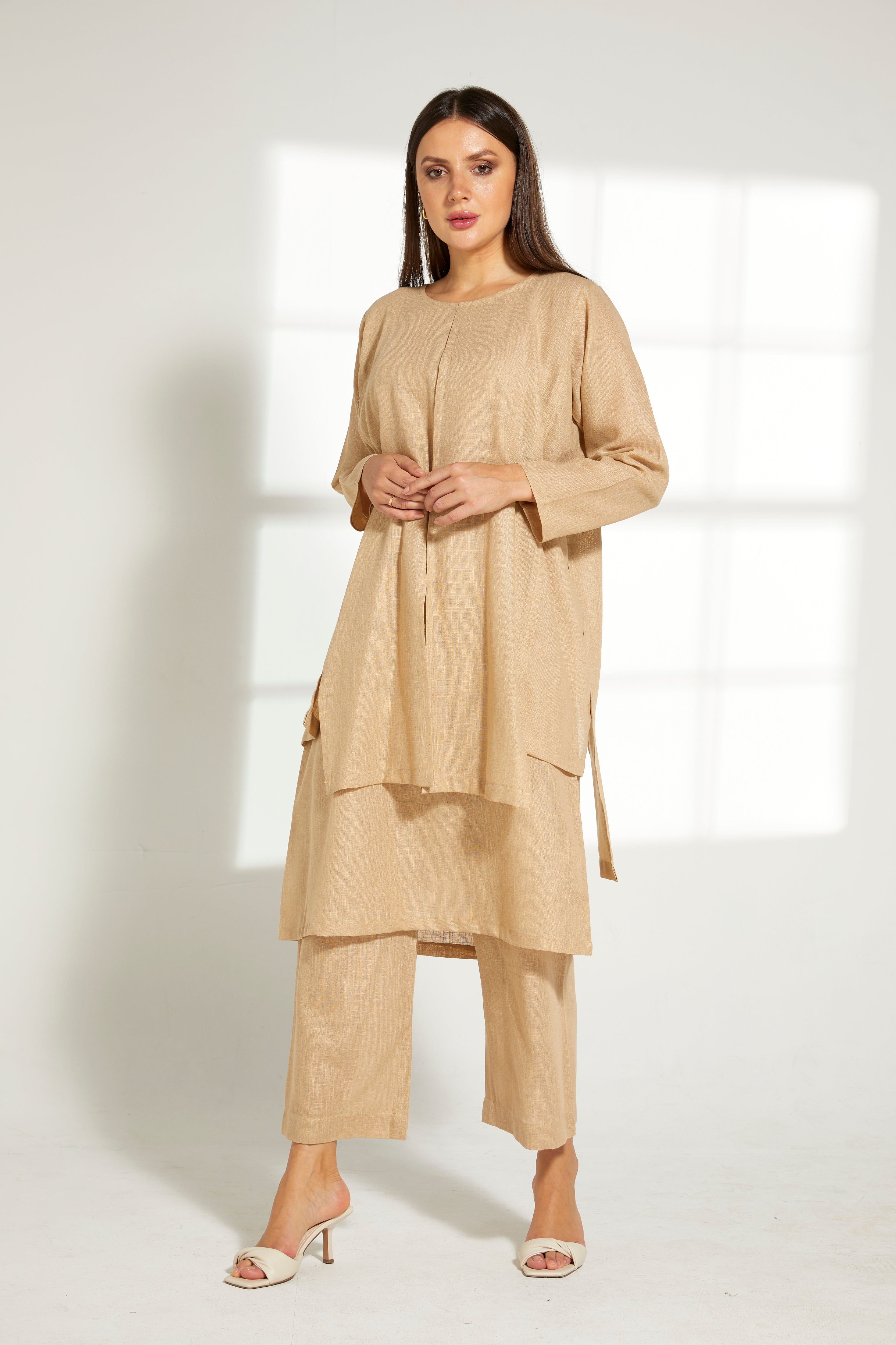 MOiSTREET Tan Linen Fabric Top and Pants Set