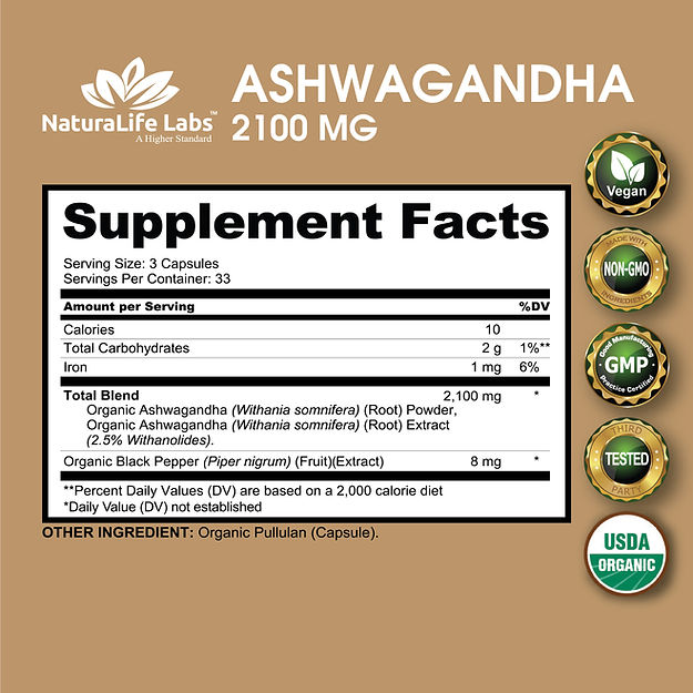 NaturaLife Lab أشواغاندا عضوية 2100 مجم لكل جرعة 100 كبسولة نباتية