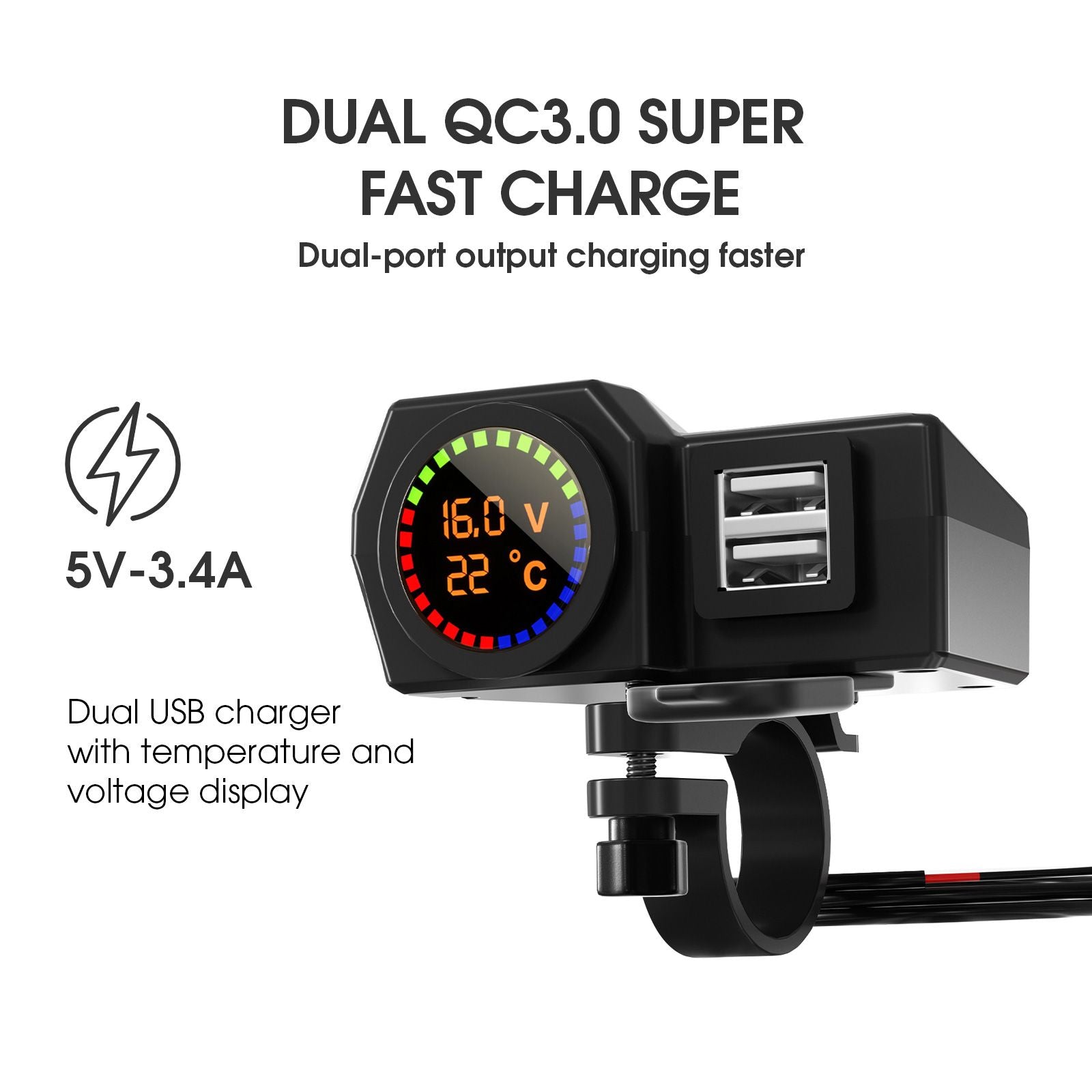 Motorcycle Phone Charger Dual Port Charging Adapter With Temperature Voltage Display