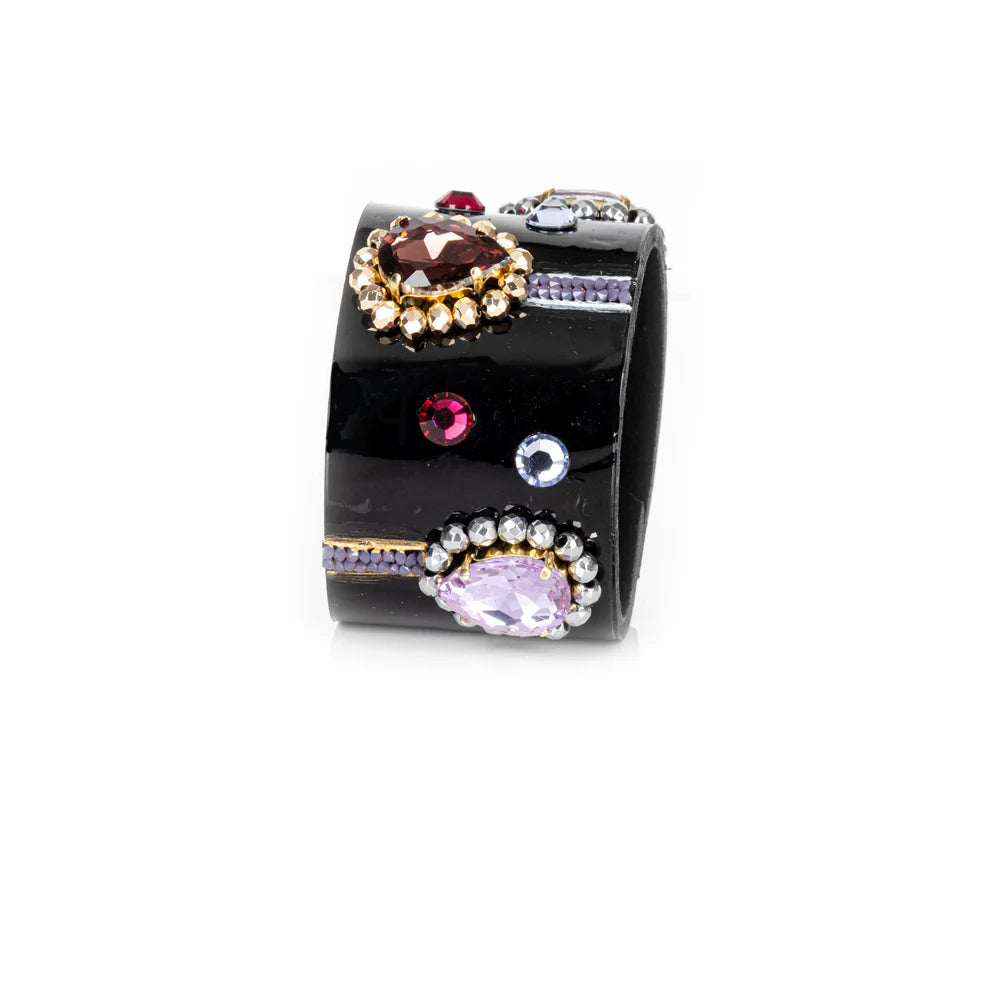 The Dark Black Leather Crystal Cuff Bracelet with Multicolor Stones