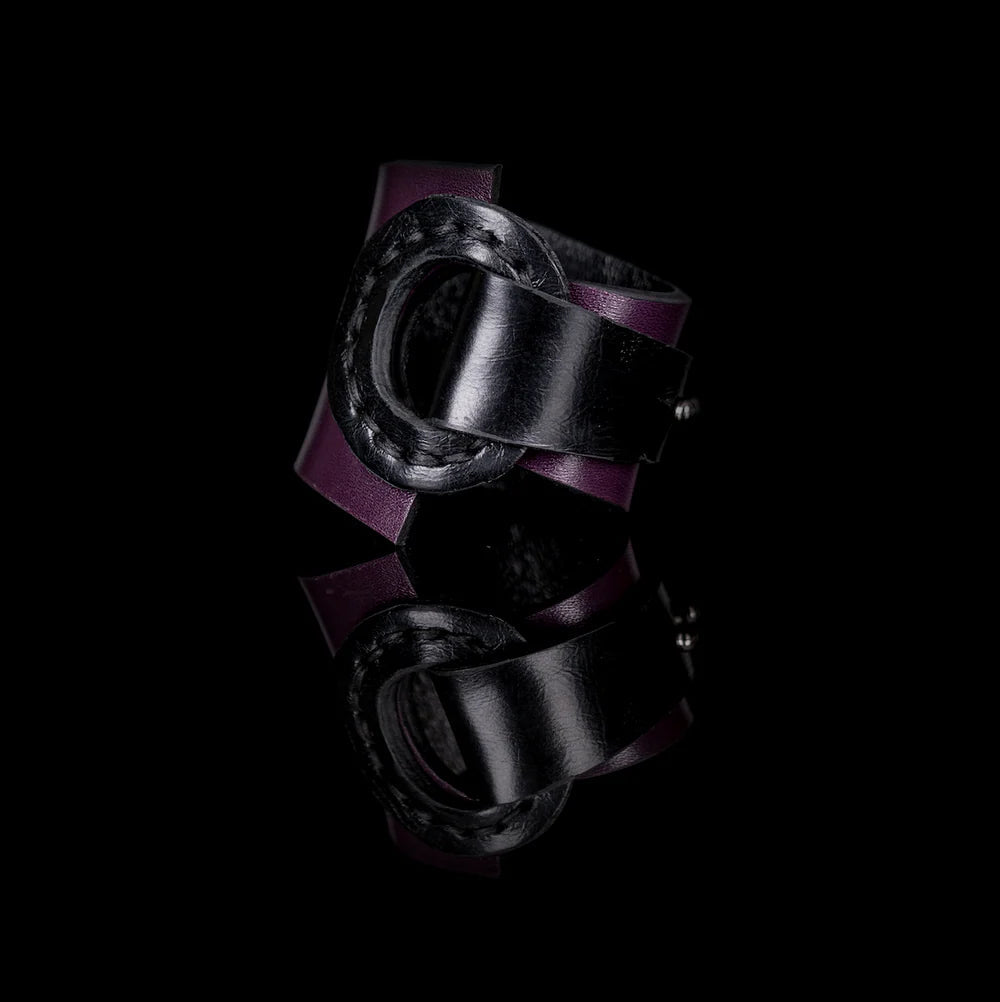The Dark Black & Deep Plum Leather Wrap Bracelet Sculpted Ring